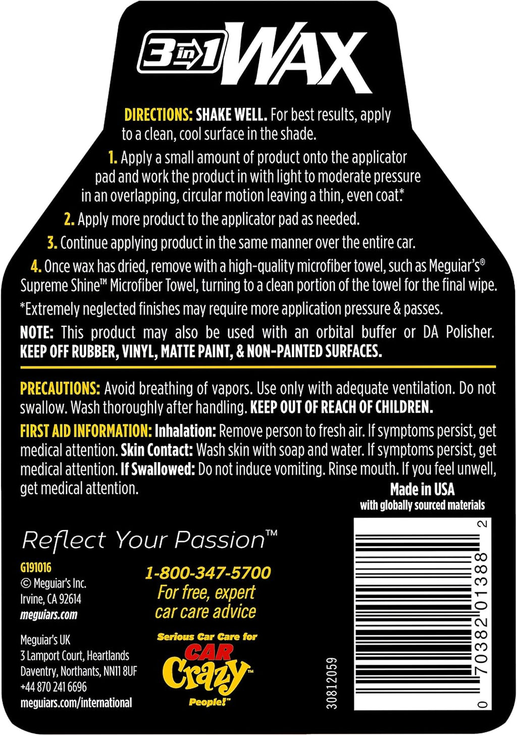 Meguiar's 3-In-1 Wax, G191016, 16oz (USA IMPORT)